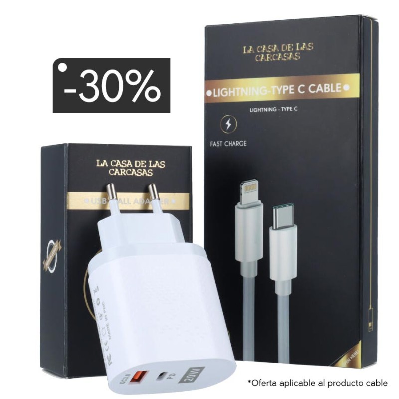 Pack Carga - Cargador carga rápida USB/C + cable Tipo C/Lightning Pack Carga - Cargador carga rápida USB/C + cable Tipo C/Lightning