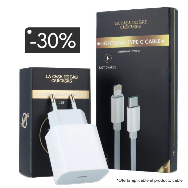Pack Carga - Cargador carga rápida iPhone + cable Tipo C/Lightning Pack Carga - Cargador carga rápida iPhone + cable Tipo C/Lightning